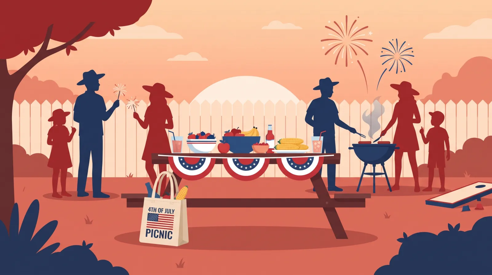 Illustration of a Fourth of July backyard cookout with bunting and a patriotic tote bag