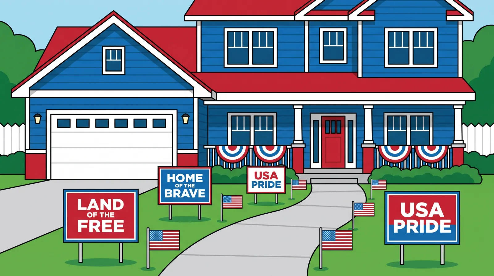 Illustration of a house with patriotic yard signs and flags lining the front walkway