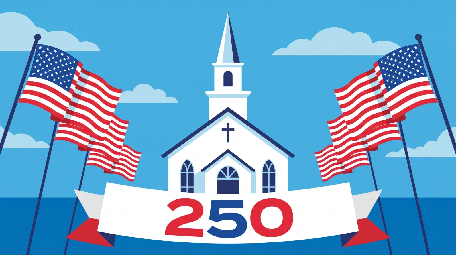 Illustration of an American church with flags and a 250 banner for the Semiquincentennial