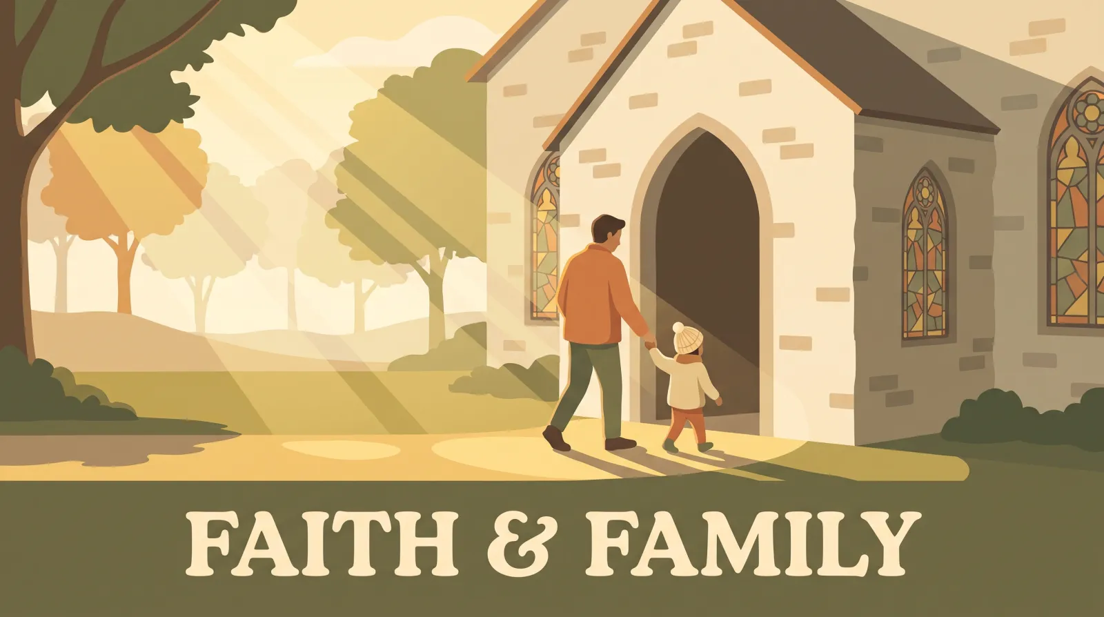 Illustration of a father and child walking into church together holding hands