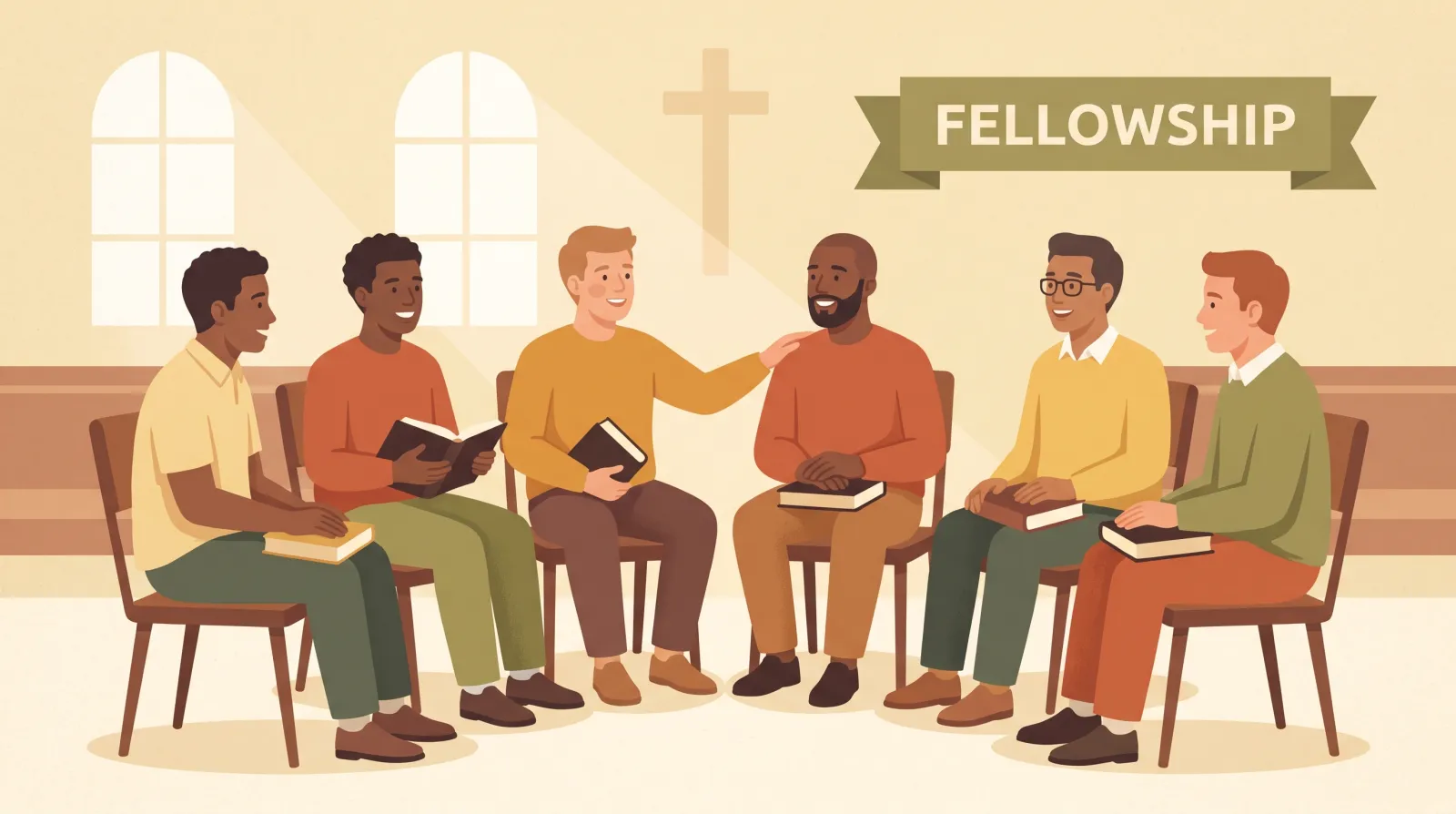 Illustration of a small group of men in a church faith fellowship circle with Bibles