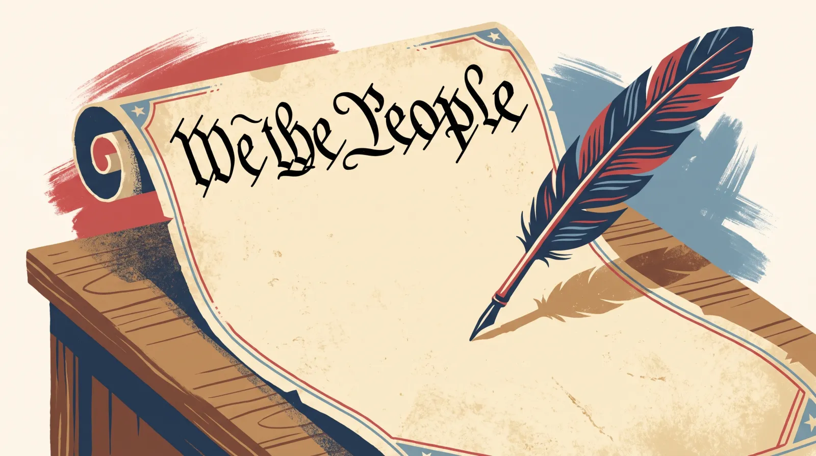 Illustration of the U.S. Constitution parchment showing the words We the People with a quill