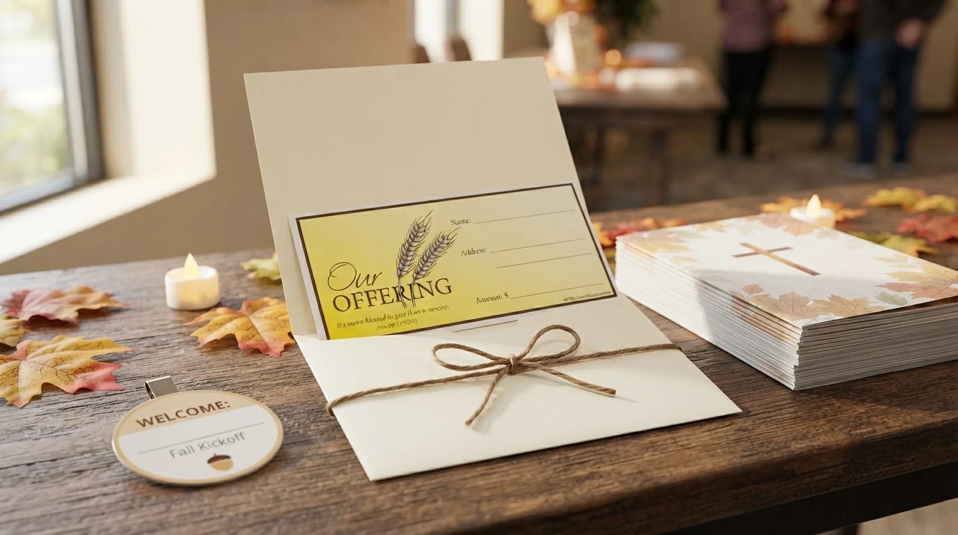 Our Offering envelope tucked into a fall kickoff church welcome packet on a greeting table
