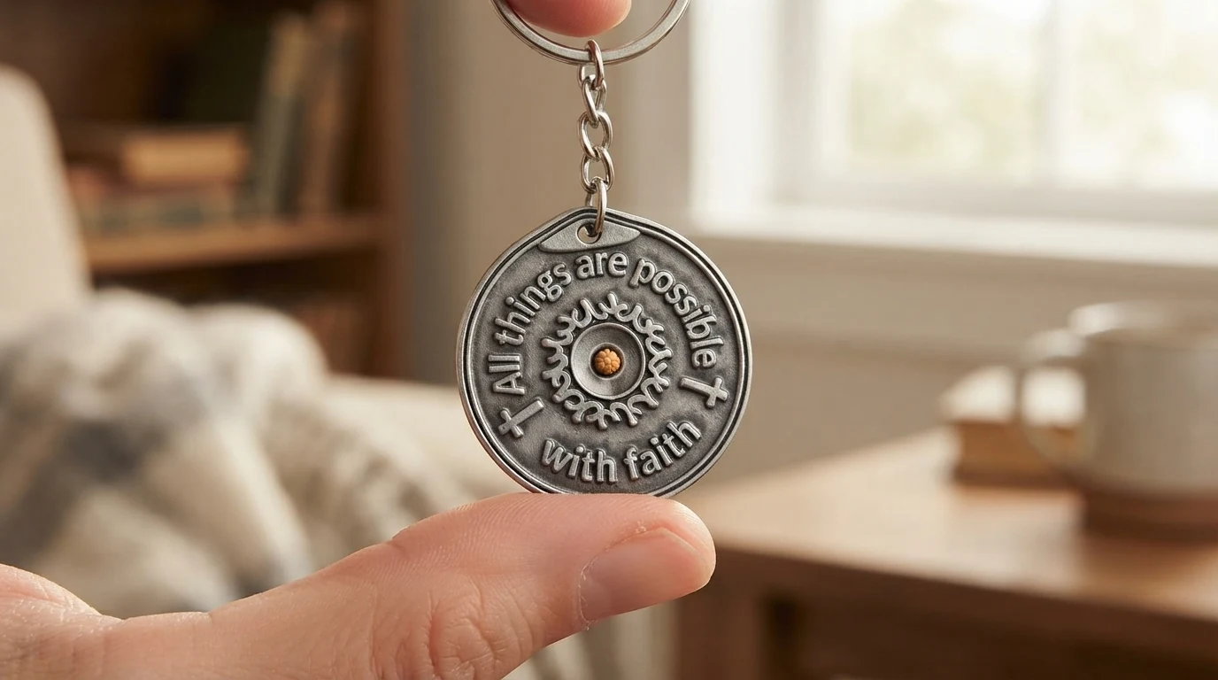 Close-up of a pewter mustard seed keychain engraved All things are possible with faith