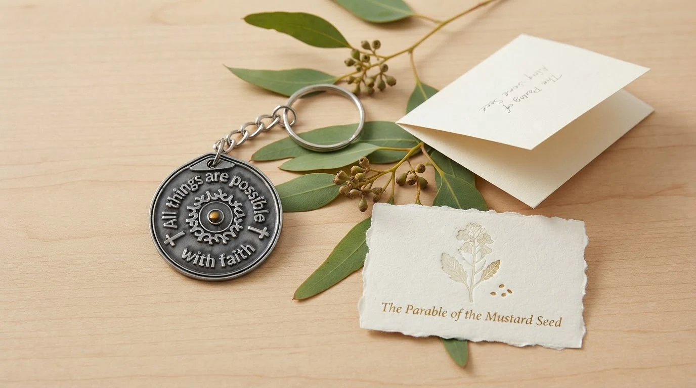 Mustard seed keychain beside a handwritten encouragement note and a Parable of the Mustard Seed card