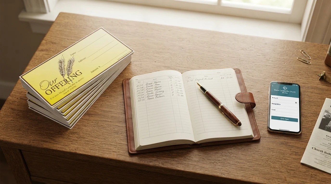 Stack of church offering envelopes beside a giving app on a smartphone and a contribution ledger