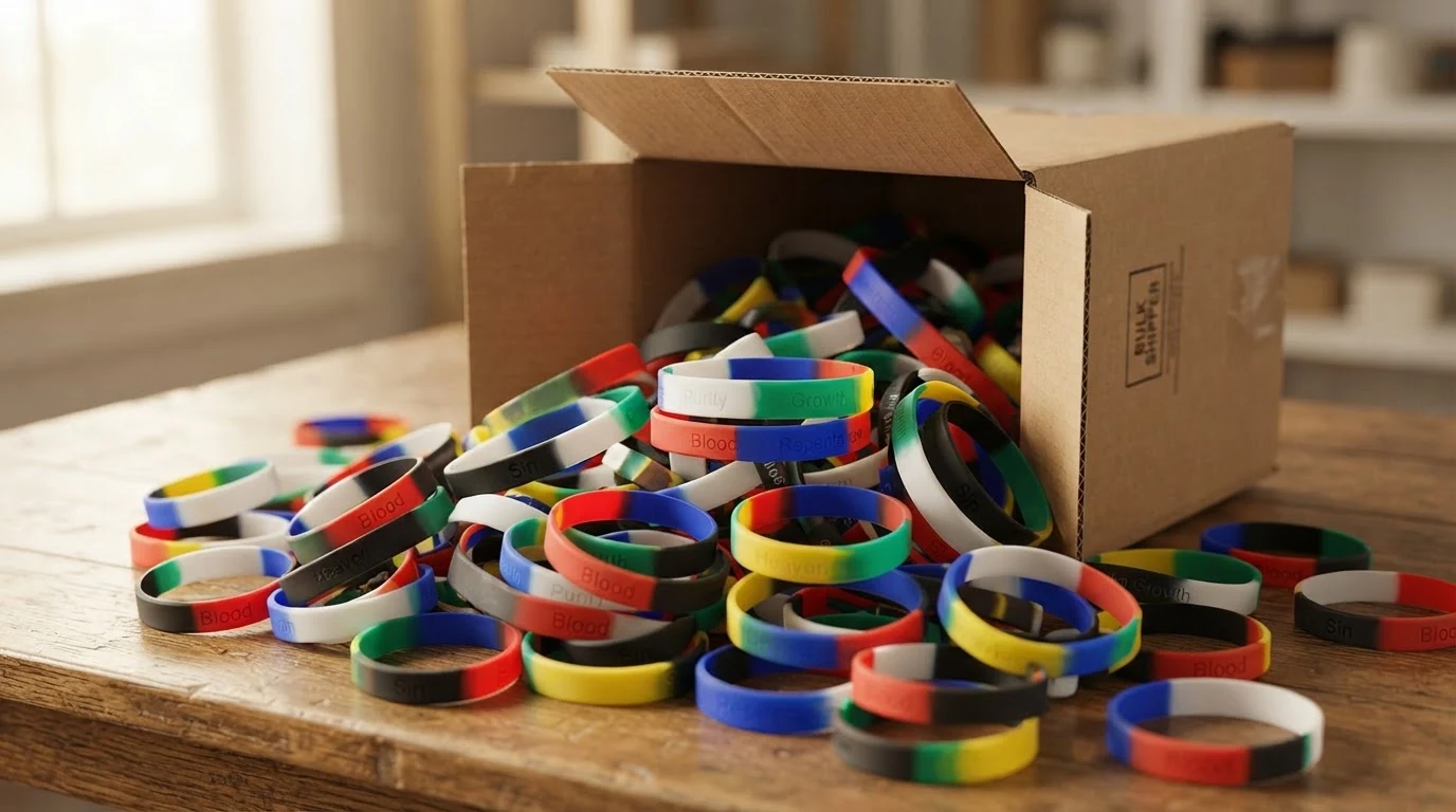 Bulk box of Color of Salvation silicone bracelets in red, black, blue, white, green and yellow