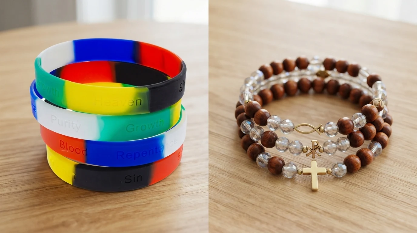 Side-by-side comparison of silicone gospel bracelets and a beaded Christian bracelet with cross charm