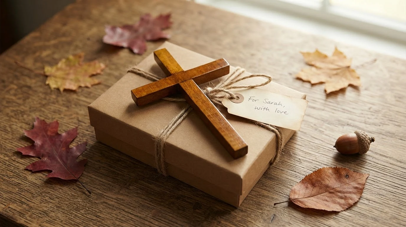 Wooden wall cross laid on kraft gift wrap with twine and a gift tag
