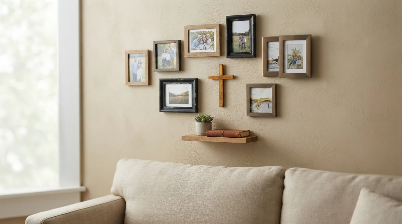 Wooden wall cross mounted above a sofa in a cozy living room