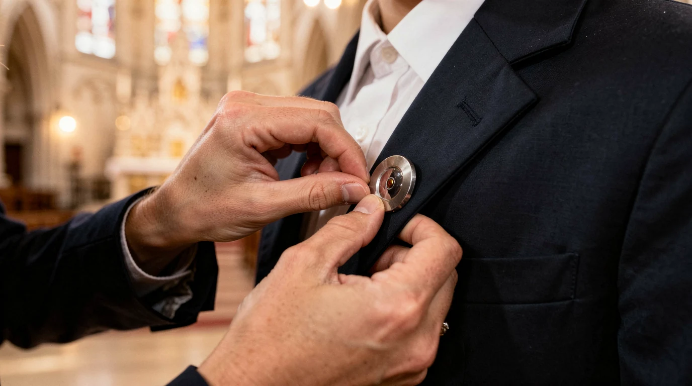 Youth minister pinning a small silver pin onto a teenager's lapel during a church confirmation service