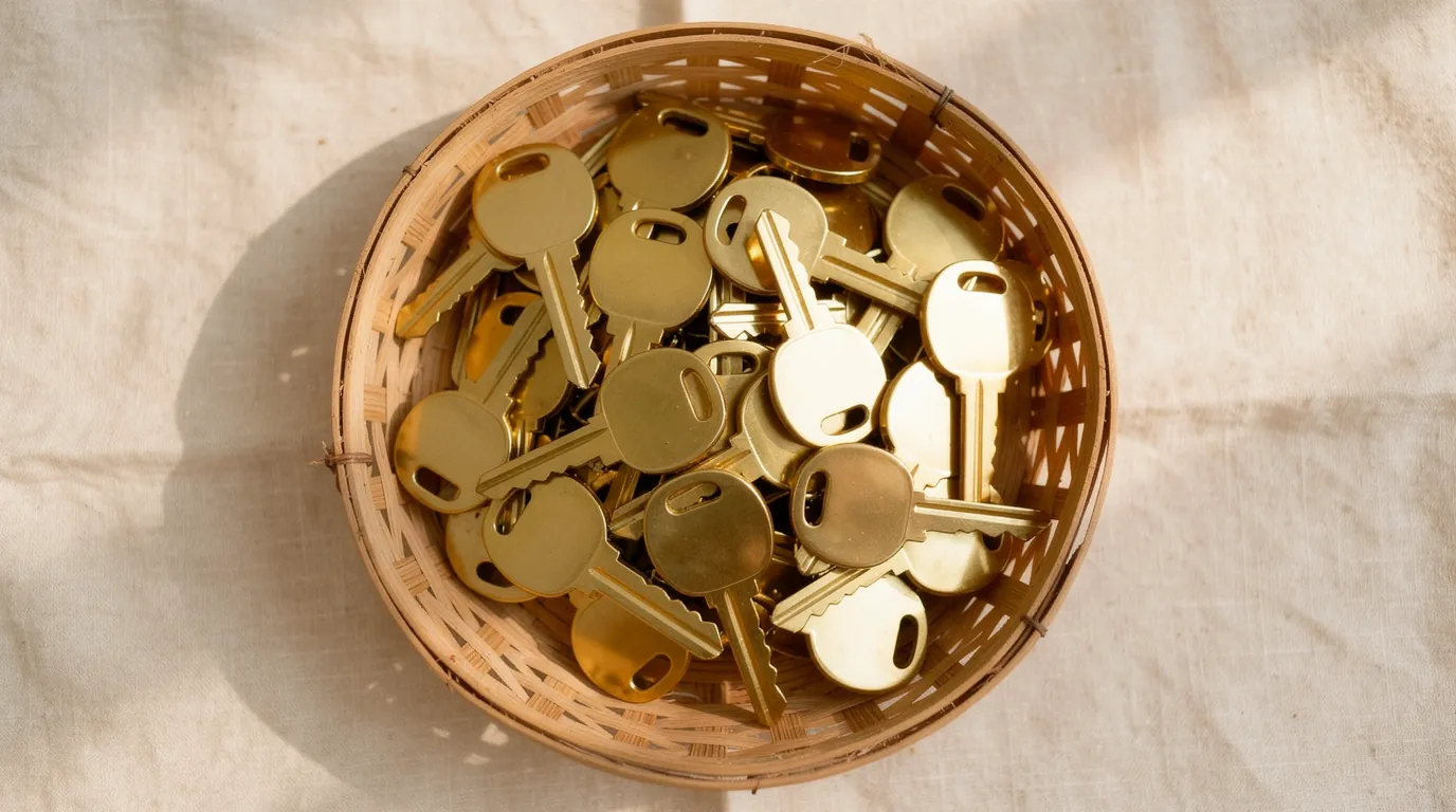 Woven basket filled with polished brass Jesus keys on a linen-covered church outreach table