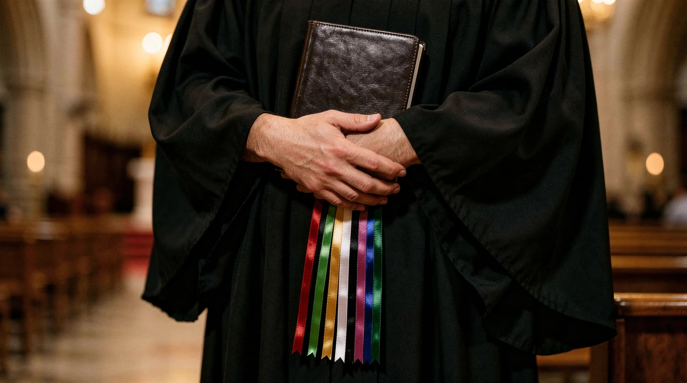 Choir member in a black robe holding a hymnal with eight multicolor ribbon markers trailing from it