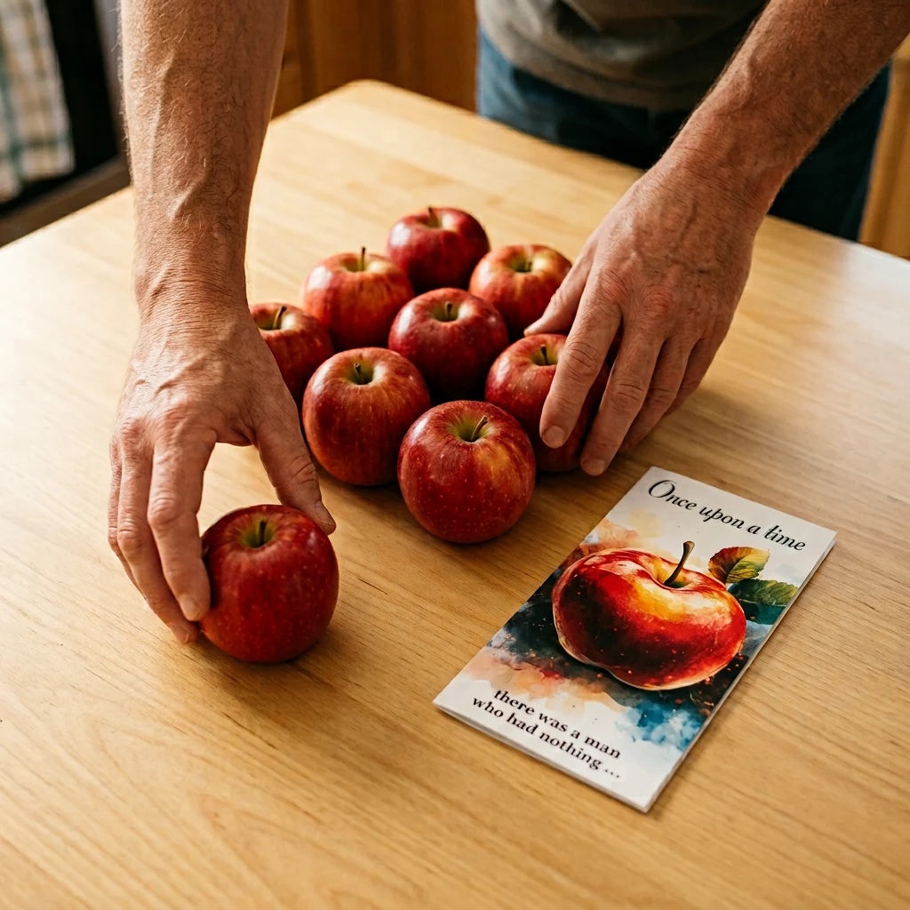 Hands setting one apple apart from nine others beside the closed apple tithing leaflet