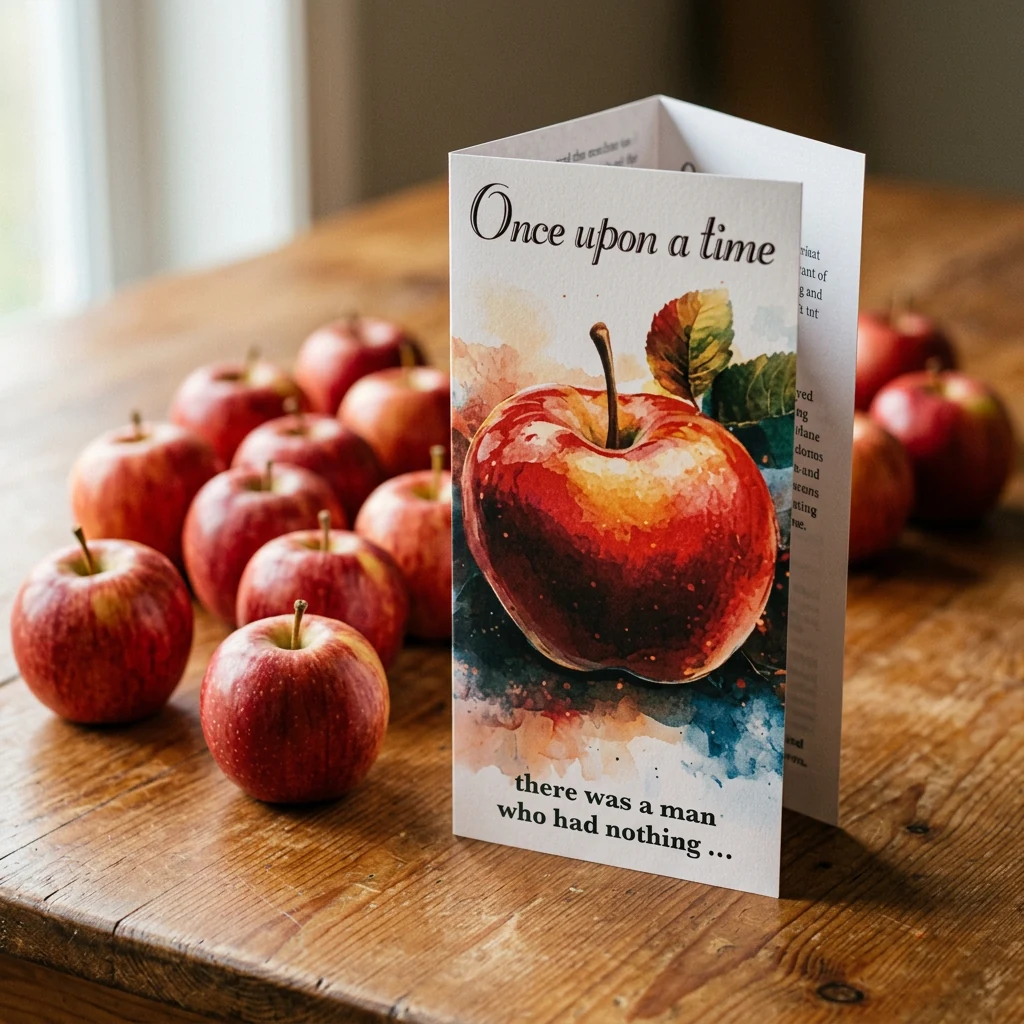 Once Upon a Time apple tithing leaflet standing on a wooden table beside a cluster of red apples
