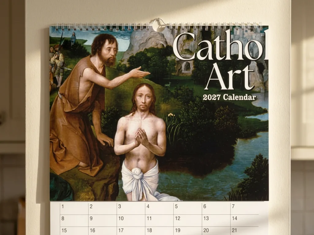 2027 Catholic Art wall calendar hanging on a kitchen wall with sacred baptism artwork and a date grid