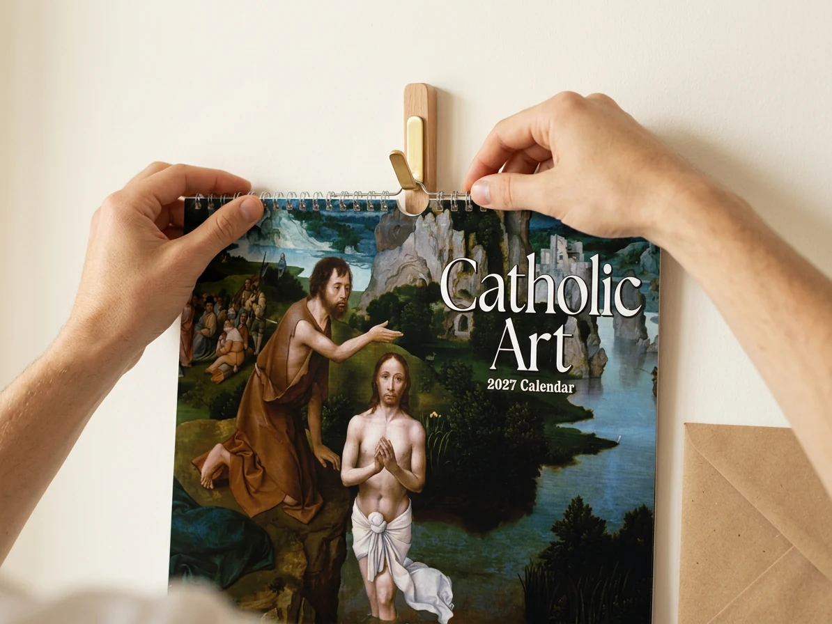 Hands hanging the 2027 Catholic Art spiral wall calendar on a hook beside a kraft envelope