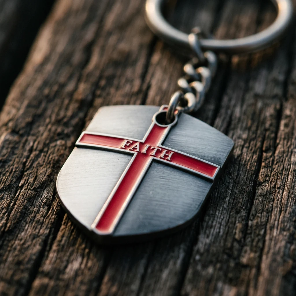 Pewter Shield of Faith keychain with a red enamel cross and the word Faith on weathered wood
