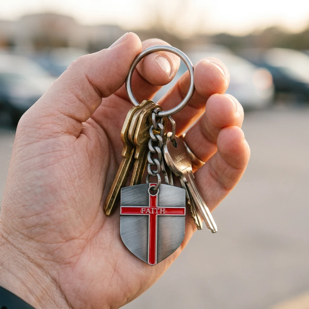 Hand holding car keys with the Shield of Faith pewter keychain hanging at the front of the ring