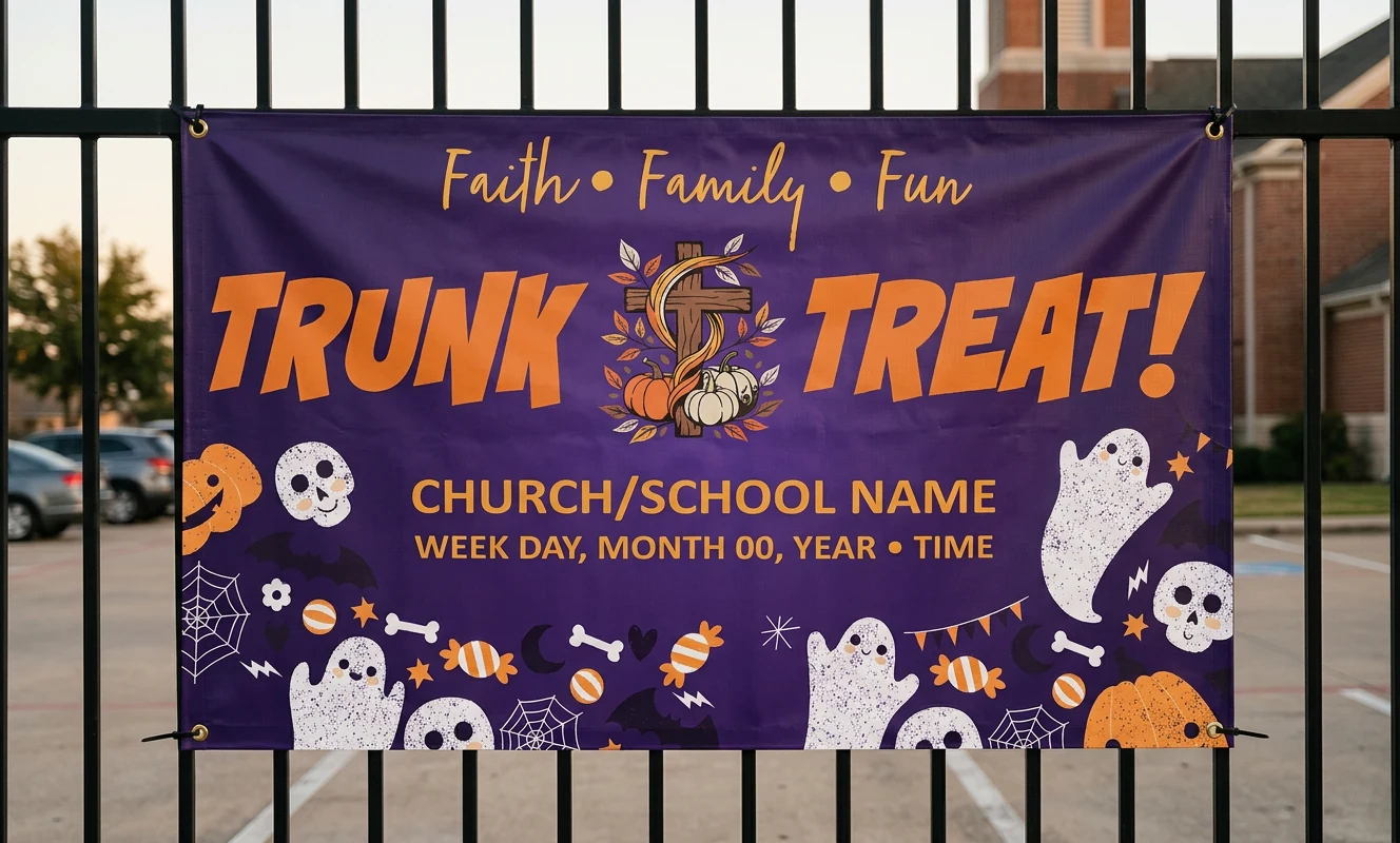 Purple church Trunk or Treat vinyl banner hanging on a parking-lot fence at dusk