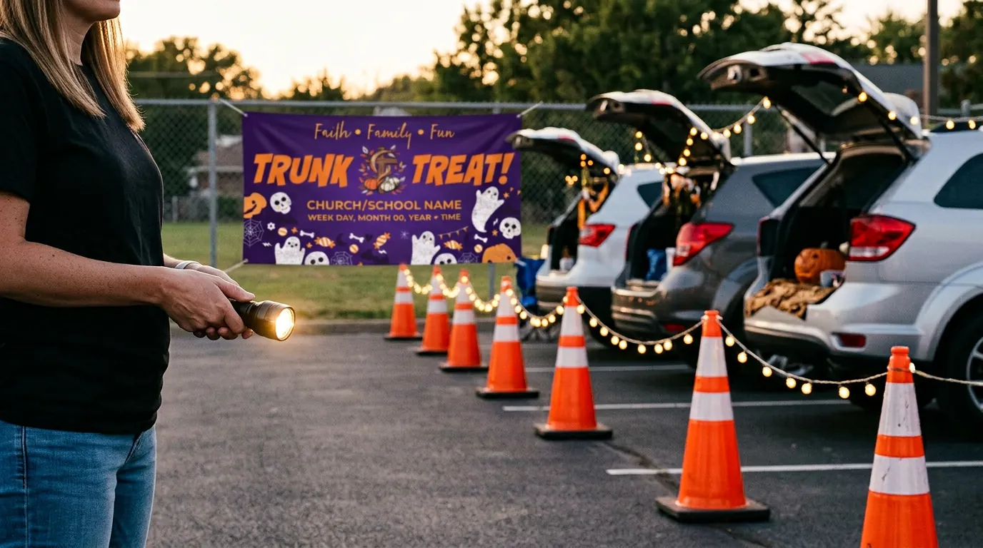 Orange cones closing a church parking lot while trunks stay open and a volunteer holds a flashlight