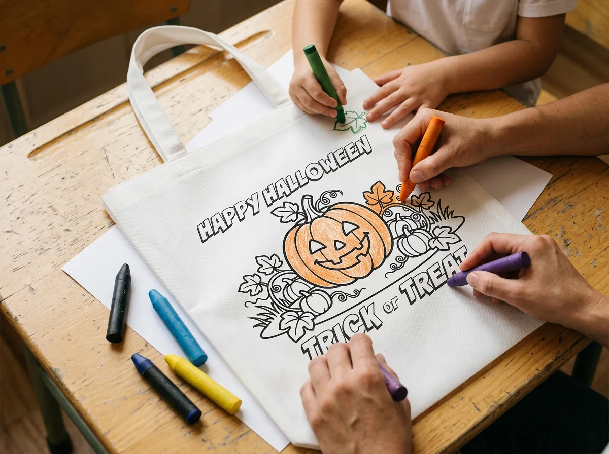 Adult and child hands coloring the jack-o-lantern on a white trick or treat tote