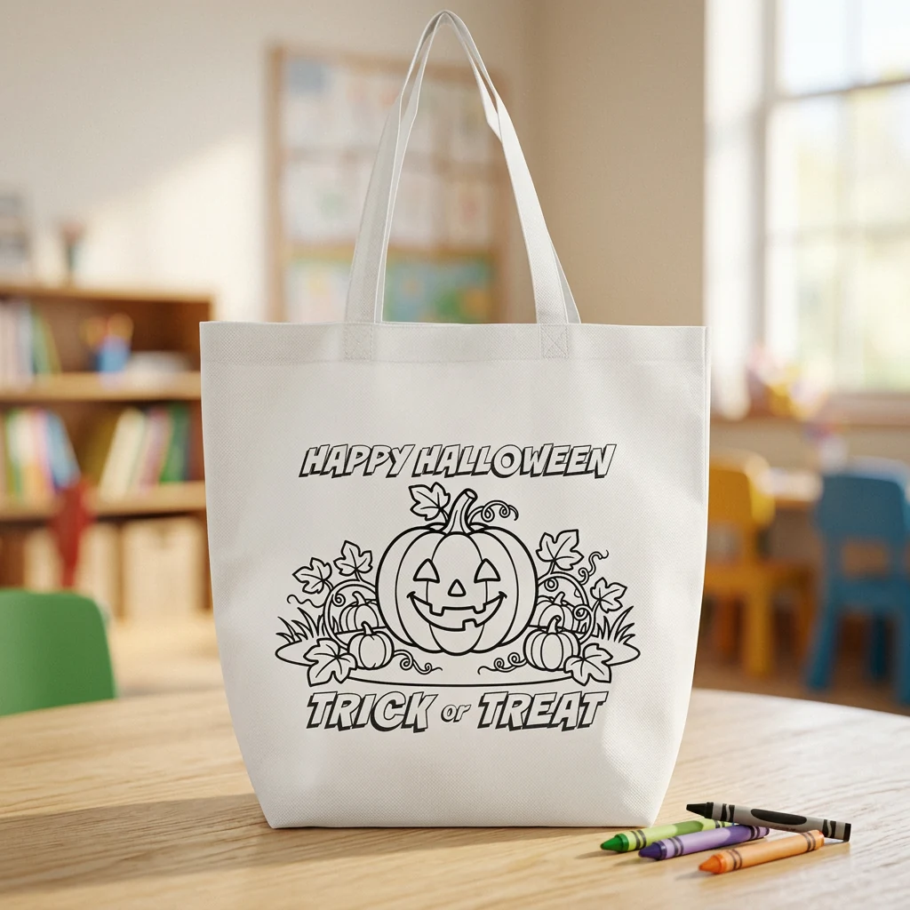 White color-your-own trick or treat tote with a jack-o-lantern outline and crayons on a classroom table