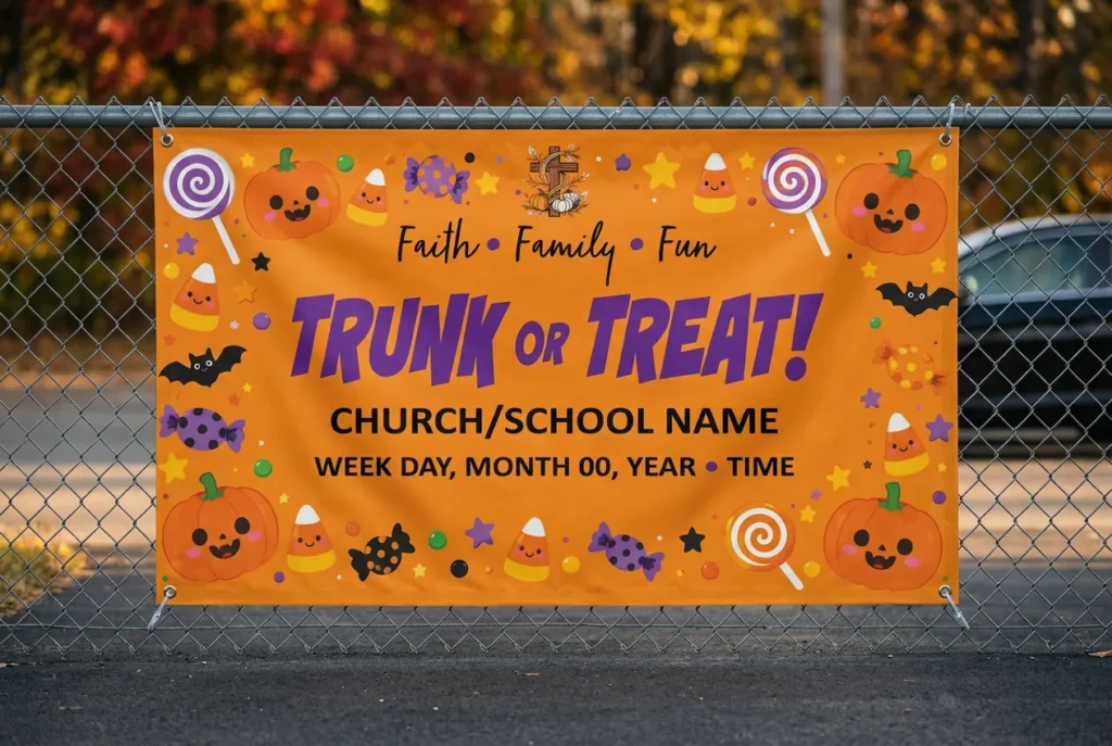 Orange Trunk or Treat vinyl banner with candy and pumpkin border hanging on a chain-link fence
