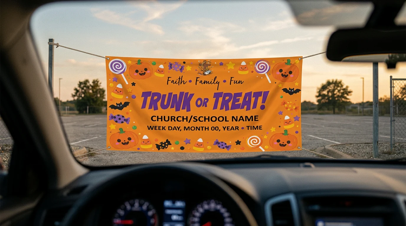 Orange Trunk or Treat banner seen through a windshield at a parking-lot entrance
