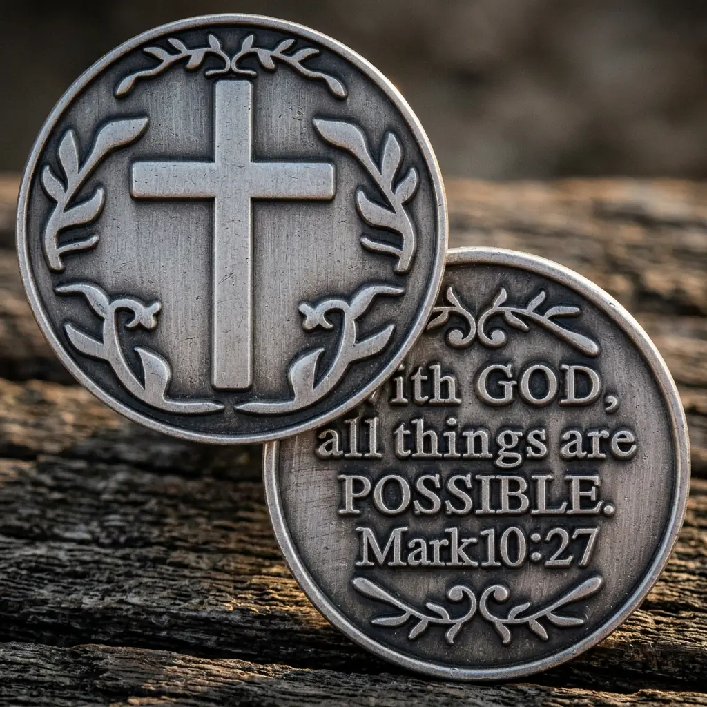 Both sides of the antique silver coin, cross on one face and Mark 10:27 on the other