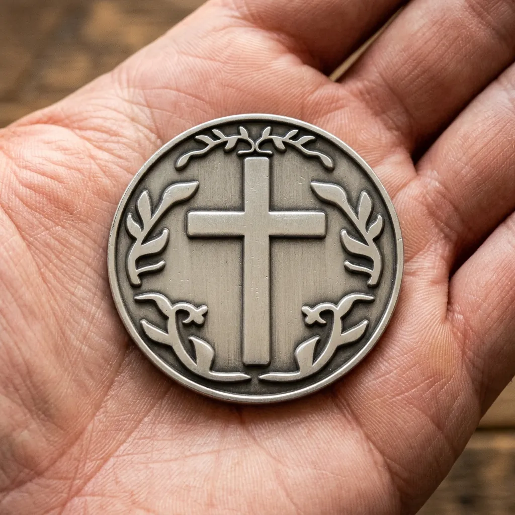 Round antique silver pewter coin with a raised cross and laurel wreath resting in an open palm