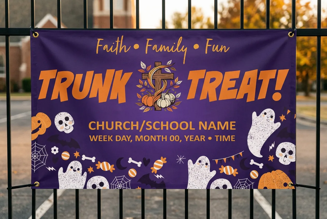 Purple Trunk or Treat vinyl banner with a wooden cross hanging on a church parking-lot fence