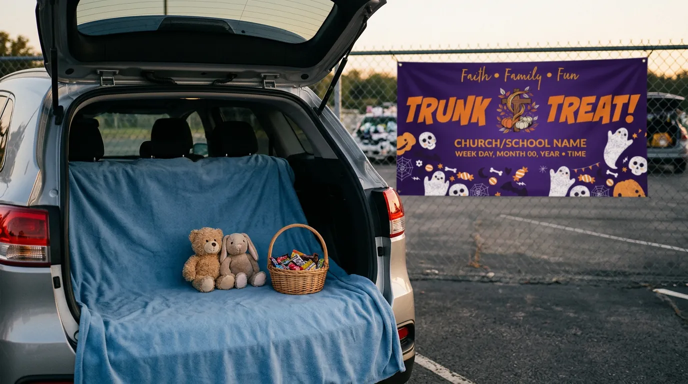 Open trunk with two stuffed animals and a candy basket, purple Trunk or Treat banner on the fence behind
